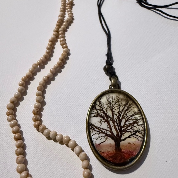 Vintage brass pendant with bare tree on cord - Picture 2 of 5